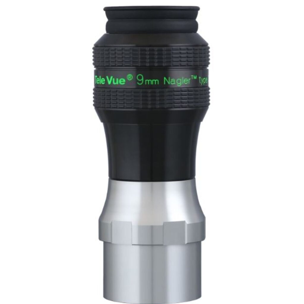 TeleVue Oculair Nagler Type 7 9mm 82° productfoto van het volledige oculair rechtop met groene Tele Vue 9mm Nagler opdruk