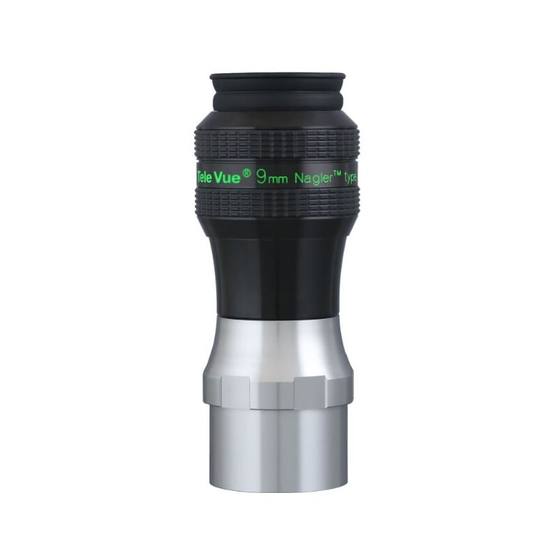 TeleVue Oculair Nagler Type 7 9mm 82° productfoto van het oculair met groene Tele Vue 9mm Nagler Type 7 opdruk en 2 inch insteekhuls