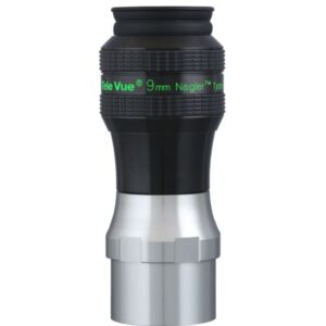 TeleVue Oculair Nagler Type 7 9mm 82° productfoto van het volledige oculair rechtop met groene Tele Vue 9mm Nagler opdruk