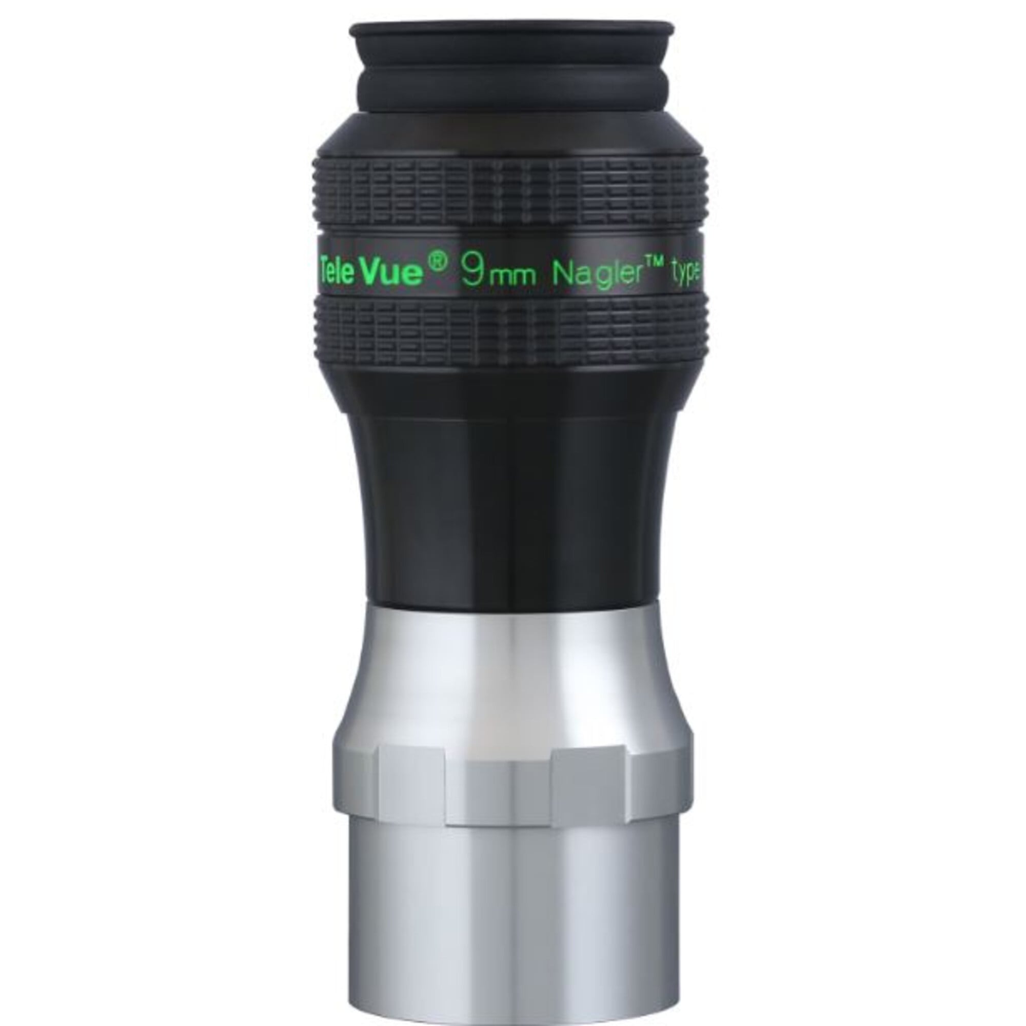 TeleVue Oculair Nagler Type 7 9mm 82° productfoto van het volledige oculair rechtop met groene Tele Vue 9mm Nagler opdruk