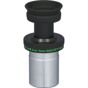TeleVue Oculair Nagler Zoom 3-6mm 1,25" close-up van het 1,25 inch zoomoculair met groene “3mm–6mm Nagler Zoom” opdruk en instelring
