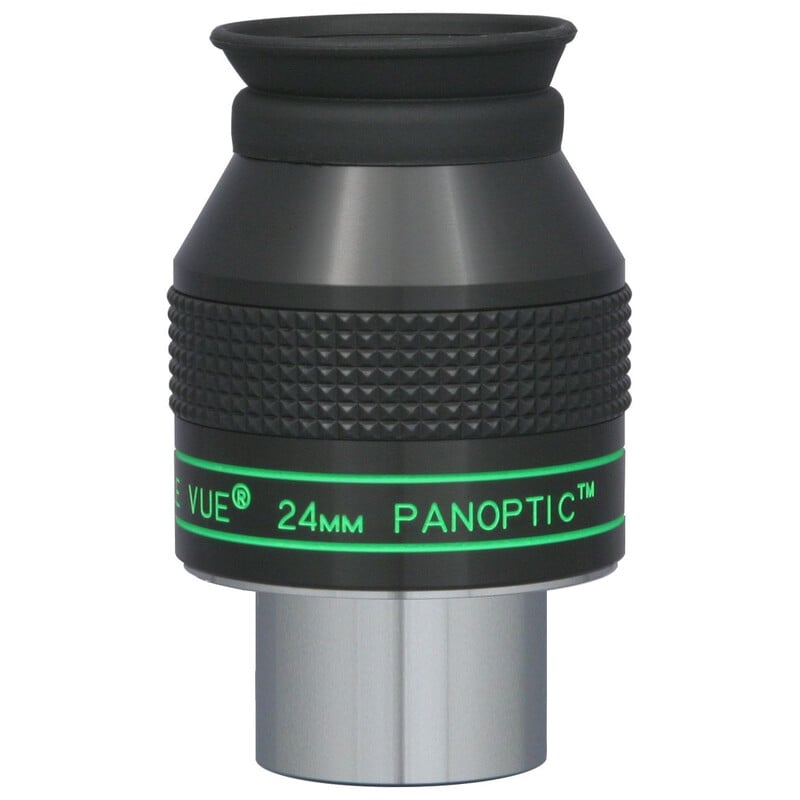 TeleVue Oculair Panoptic 24mm 1,25" productfoto van het 1,25 inch Panoptic 24 mm oculair met geribbelde grip en groene Panoptic-opdruk op witte achtergrond