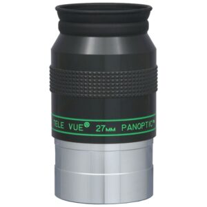 TeleVue Oculair Panoptic 27mm 2" productfoto van het 2 inch Panoptic 27 mm oculair met geribbelde grip en groene Panoptic-opdruk op witte achtergrond