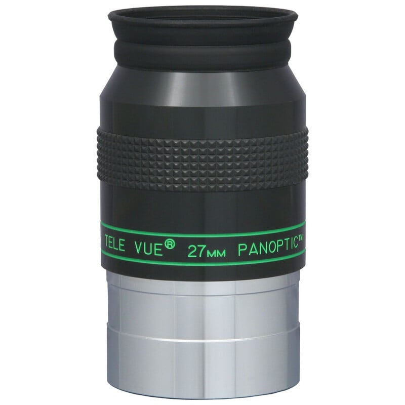 TeleVue Oculair Panoptic 27mm 2" productfoto van het 2 inch Panoptic 27 mm oculair met geribbelde grip en groene Panoptic-opdruk op witte achtergrond