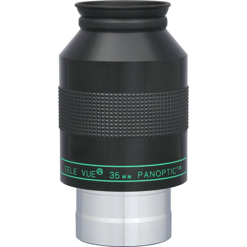 TeleVue Oculair Panoptic 35mm 2" productfoto van het 2 inch Panoptic 35 mm oculair met geribbelde grip en groene Panoptic-opdruk op witte achtergrond