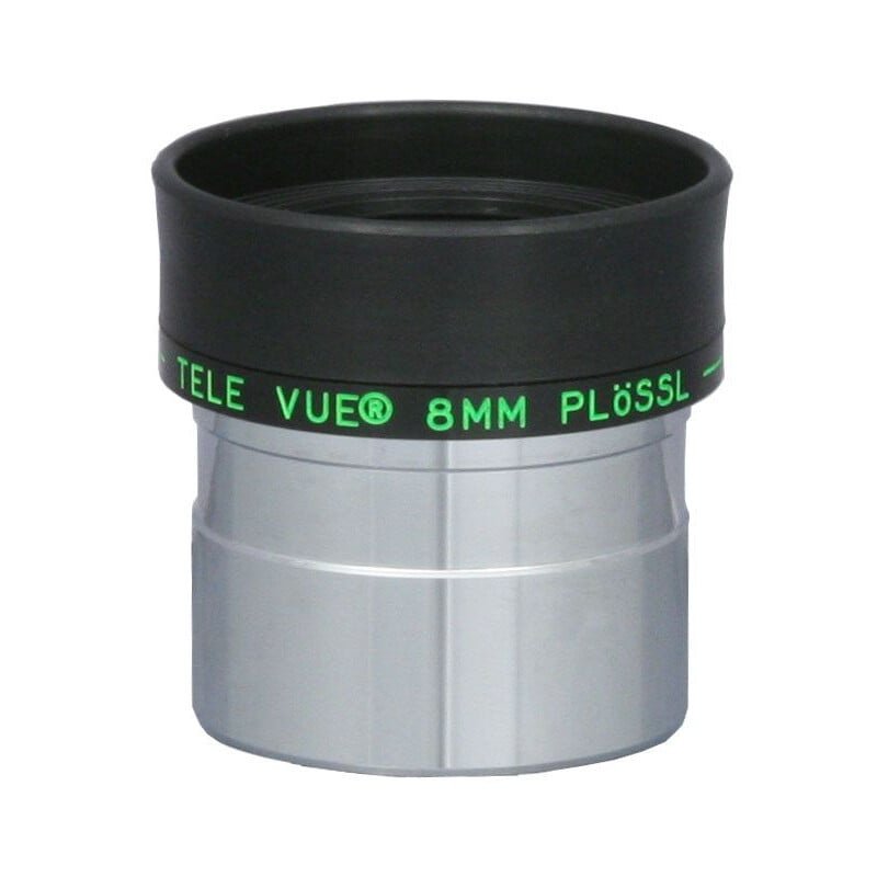 TeleVue Oculair Plössl 8mm 1,25" productfoto van het Plössl 8 mm oculair vanuit een andere hoek met zicht op de lensopening