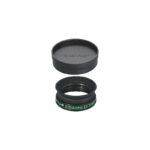 TeleVue Opschroefbaar oogschelp-verlengstuk Eyeguard Extender opschroefbare oogschelp-verlengring van zwart geanodiseerd aluminium met bijbehorende rubber eyeguard en oculairdop op witte achtergrond