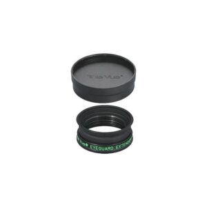 TeleVue Opschroefbaar oogschelp-verlengstuk Eyeguard Extender opschroefbare oogschelp-verlengring van zwart geanodiseerd aluminium met bijbehorende rubber eyeguard en oculairdop op witte achtergrond