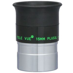 TeleVue Plössl-oculair, 15mm, 1,25" close-up van het 1,25 inch Plössl 15 mm oculair met groene Tele Vue opdruk op zwarte behuizing