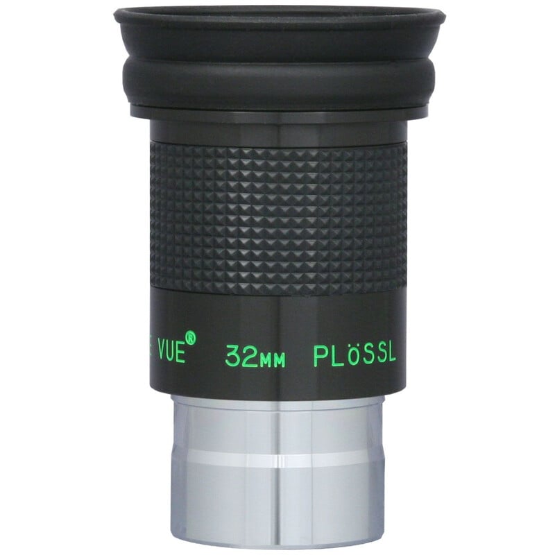 TeleVue Plössl-oculair, 32mm, 1,25" detailopname van de oculairhuls met groene “32mm Plössl” tekst en gekartelde gripzone