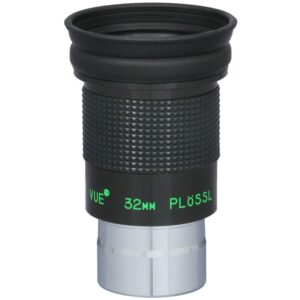 TeleVue Plössl-oculair, 32mm, 1,25" close-up van de behuizing met geribbelde grip en groene “32mm Plössl” markering
