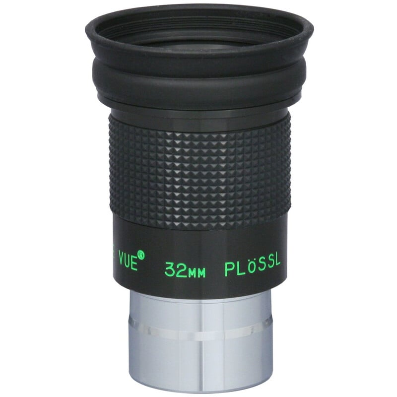 TeleVue Plössl-oculair, 32mm, 1,25" close-up van de behuizing met geribbelde grip en groene “32mm Plössl” markering