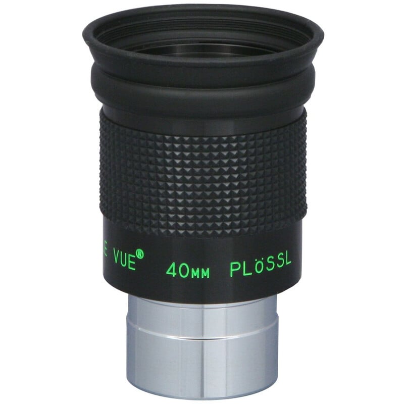 TeleVue Plössl-oculair, 40mm, 1,25" detailopname van de oculairhuls met groene “40mm Plössl” tekst en gekartelde gripzone