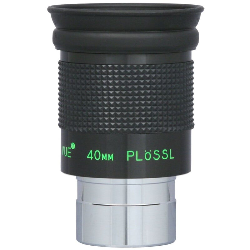 TeleVue Plössl-oculair, 40mm, 1,25" close-up van de oculairbehuizing met geribbelde grip en groene “40mm Plössl” markering