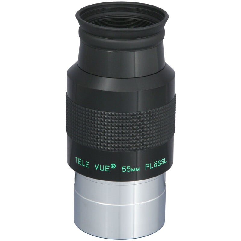 TeleVue Plössl-oculair, 55mm, 2" close-up van het 2 inch Plössl 55 mm oculair met geribbelde grip en groene Tele Vue opdruk