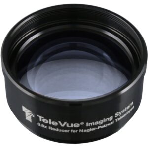 TeleVue Reducer 0.8x NPR close-up van de frontlens en zwarte behuizing van de TeleVue Imaging System 0.8x reducer voor Nagler-Petzval telescopen