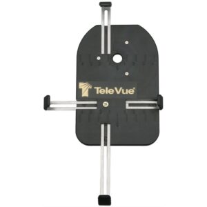 TeleVue Smartphoneadapter FoneMate frontaanzicht van de smartphonehouder met verstelbare metalen geleiders en TeleVue-logo op zwarte montageplaat