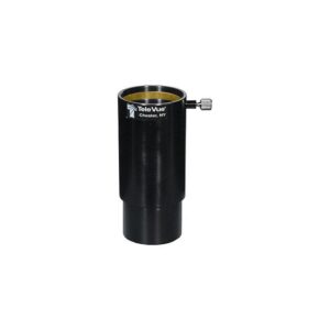 TeleVue Verlengstuk, 2" zwart cilindervormig verlengstuk/adaptersleeve met TeleVue-logo, messingkleurige binnenring en zijklem met duimschroef op een witte achtergrond.
